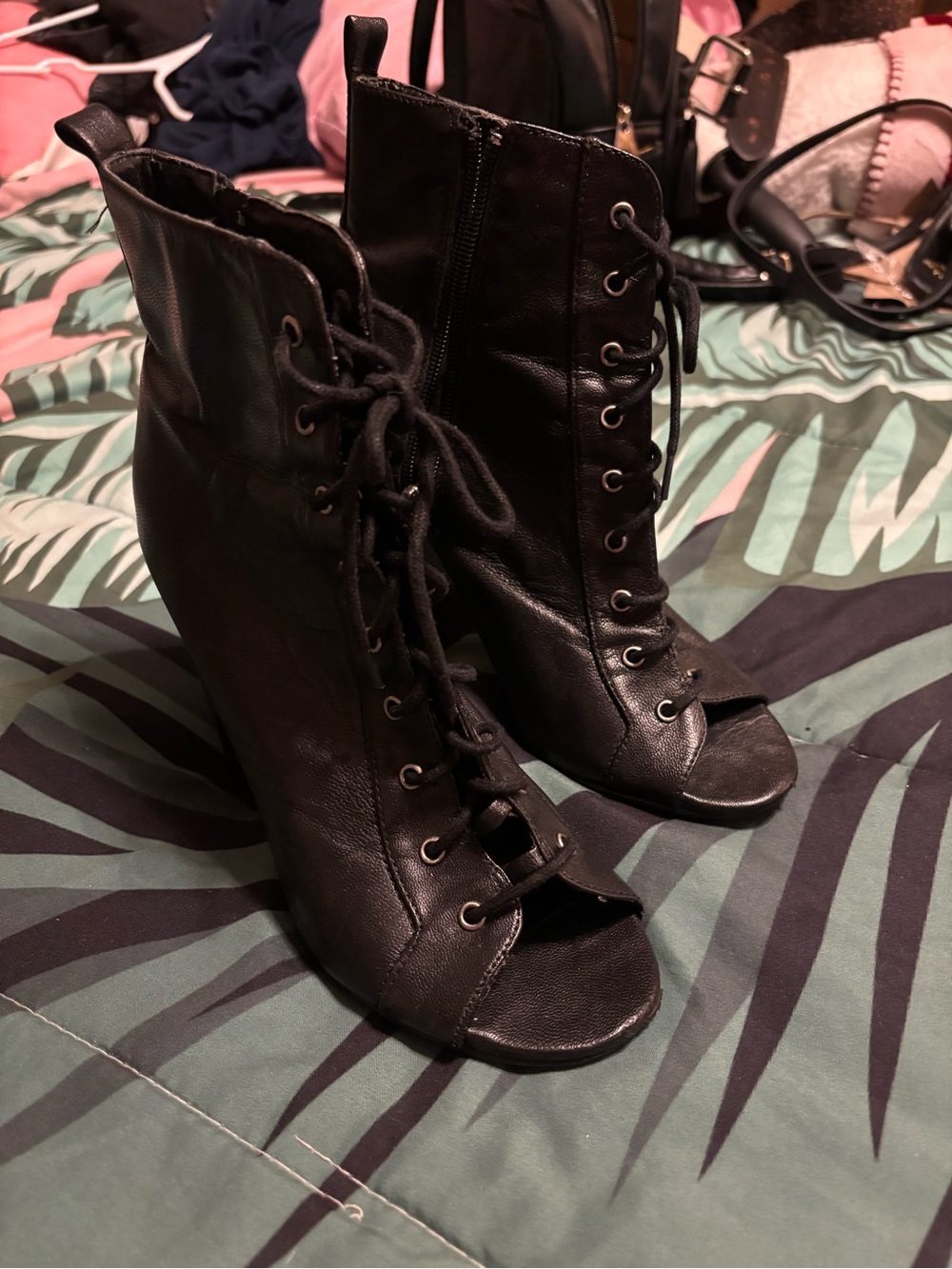 Kelsi Dagger Black Lace-Up Peep-Toe Ankle Booties